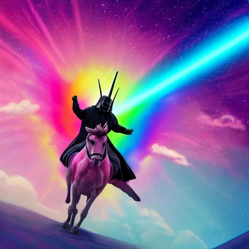 Image similar to beautiful matte painting, rainbow colored pink pink darth vader wearing pink wearing pink, riding a unicorn, riding a unicorn, riding a one-horned unicorn over a glittering rainbow, in psychedelic space, by lisa frank and dan mumford, octane render, HDR, vivid color, volumetric lighting, unreal engine, concept art, CGsociety, trending on artstation