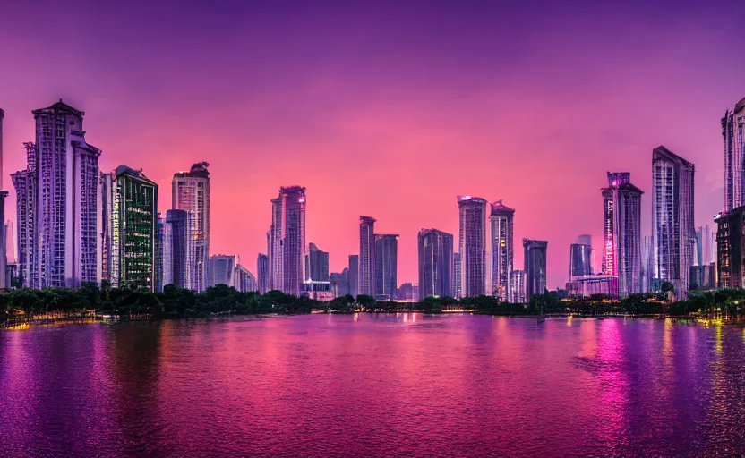 Image similar to a photo of guangzhou, river, sunset, purple sky, cinematic, 8 k, highly - detailed