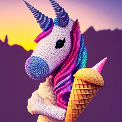 Prompt: a large knitted unicorn eating an ice cream cone during sunset Trending on artstation, featured on Behance, well-rendered, Unreal Engine, 4K HD