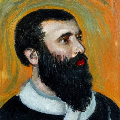 Image similar to A portrait of a man. He has black hair, a black beard, oil painting