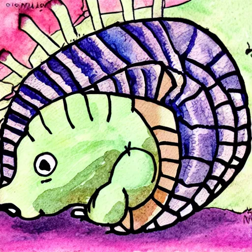 Prompt: armadillo reading the bible children's storybook illustration, ink and watercolor