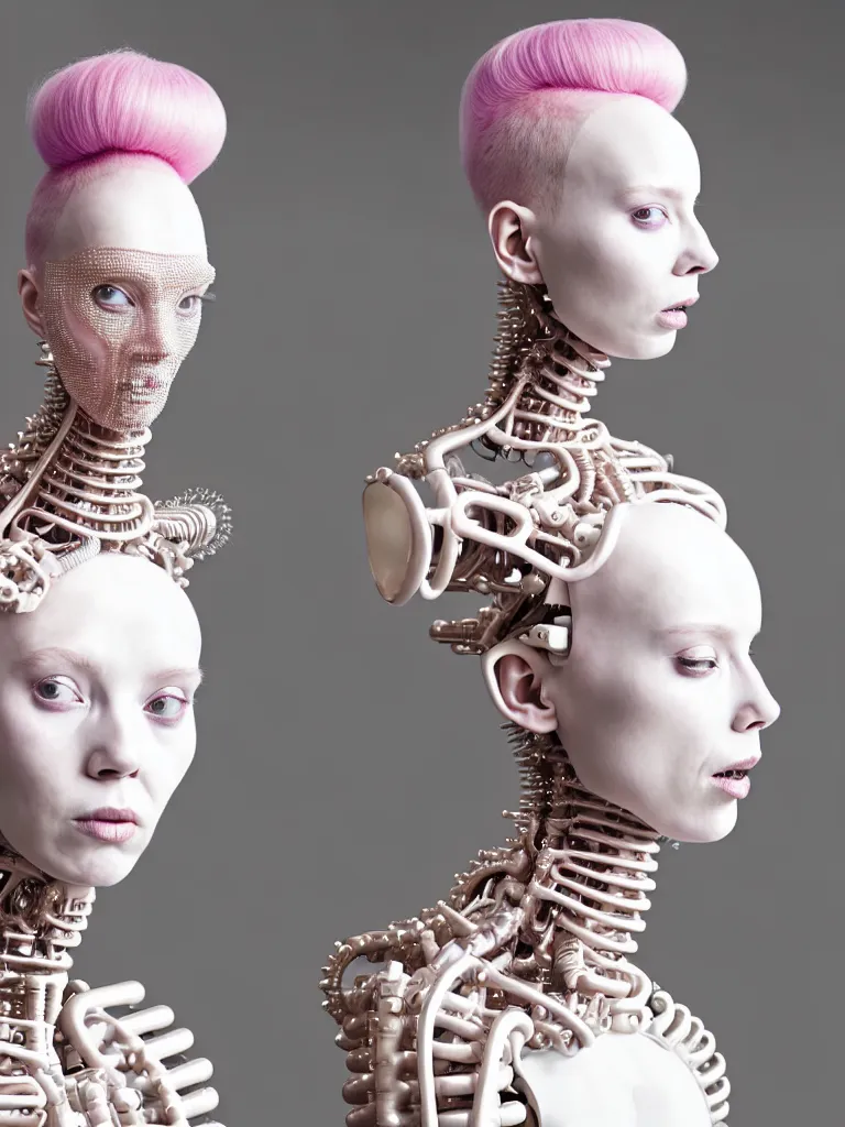 Image similar to portrait of a biomechanical goddess wearing a big pearl studded iridescent beauty mask and pink hair buns, wearing a black bodysuit by alexander mcqueen, cream white background, soft diffused light, biotechnology, humanoid robot, perfectly symmetric, bjork aesthetic, translucent, by rineke dijkstra, intricate details, highly detailed, masterpiece,