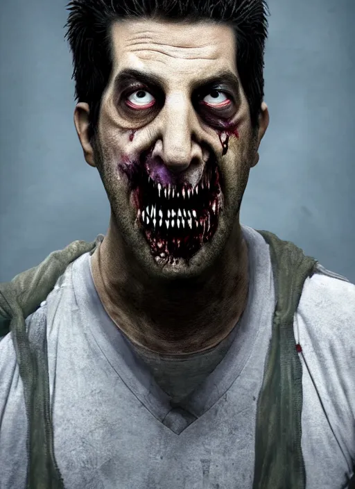 Image similar to david schwimmer becomes an angry zombie, face enhance, realistic, shaun of the dead, izombie, ultra detailed, octane render, lovecraftian, horror, dead space, the walking dead