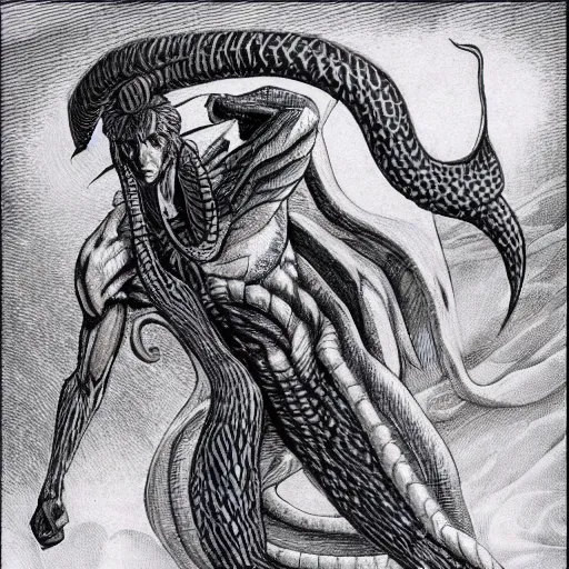 Image similar to a male naga, serpent body, kentaro miura art style