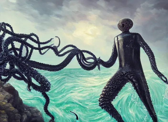 Image similar to landscape, a realistic portrait and realism, a humanoid kraken running with 1 9 th century wetsuit, fine art, sharp focus, ten flats, digital art, bright colors, trending on artstation, unreal engine.