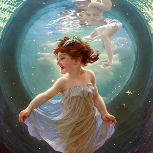 Image similar to a cute little girl with a round cherubic face, blue eyes, and short curly light brown hair laughs as she floats underwater with stars all around her. She is wearing a party dress. Beautiful painting by Artgerm and Greg Rutkowski and Alphonse Mucha