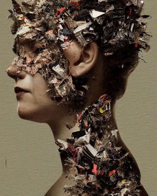 Image similar to a woman's face in profile, made of broken floral shards, in the style of the Dutch masters and Gregory Crewdson, dark and moody