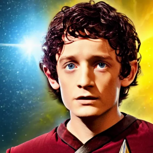 Prompt: A still of Frodo on Star Trek, sharp focus, high quality, 4k