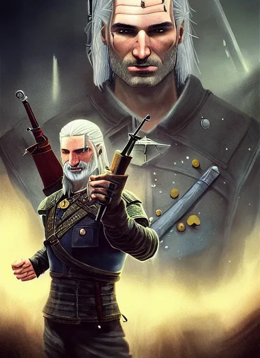 Prompt: portrait of a wizard holding a gun, the witcher has a half shaved head and tattoos, the wizard holding a pistol points downwards, the wizard holding a pistol is only one and stands in a ruined city. by Ciryl Rolando, hyperrealistic illustration, digital art, studio lightning, very detailed faces