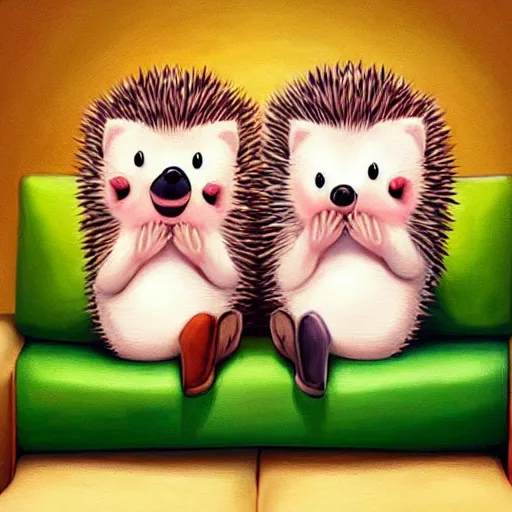 Image similar to two cute adorable hedgehogs, sitting together on a couch, romantic, shy hedgehog, blushing, waving, smiling, cute, hedgehog, by cyril rolando