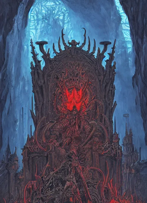 Image similar to a demon king on his throne of human bones in a faustian cave hellscape, fire, highly detailed, intricate, art nouveau, brutalist architecture, cinematic, wide angle, hellcore, epic lighting, red, blue, 4 k by brom, wayne barlowe