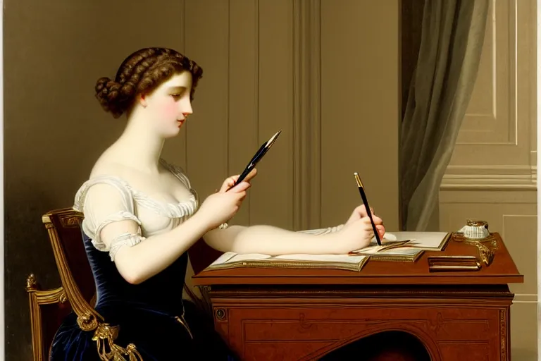 Image similar to lady writing at her desk by vittorio reggianini, georgian dress, directoire style, regency, empire silhouette, bright lighting, perfectly detailed eyes, beautiful hands, pale skin, clear face