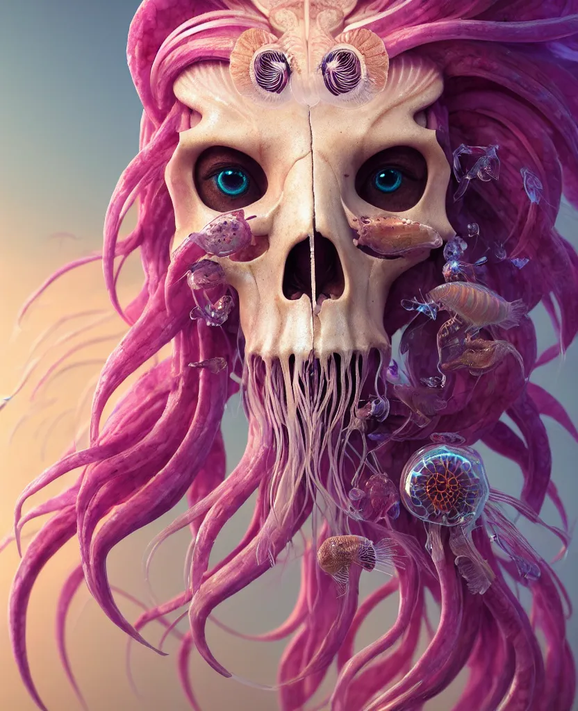 Image similar to goddess princess face close-up portrait ram skull. jellyfish phoenix head, nautilus, orchid, skull, betta fish, bioluminiscent creatures, intricate artwork by Tooth Wu and wlop and beeple. octane render, trending on artstation, greg rutkowski very coherent symmetrical artwork. cinematic, hyper realism, high detail, octane render, 8k