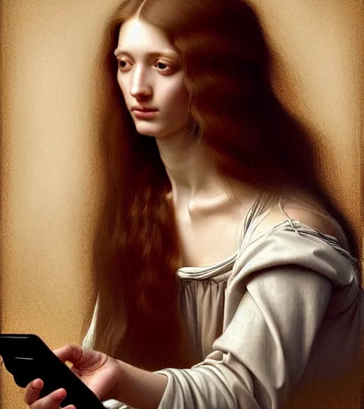 Image similar to portrait of a long - haired woman with a cellphone sitting upon a table with heightened detail, poised, intense emotion, detailed facial expression, detailed surroundings, intricate, elegant, highly detailed, centered, digital painting, artstation, concept art, smooth, sharp focus, illustration, by ( leonardo da vinci ), wlop
