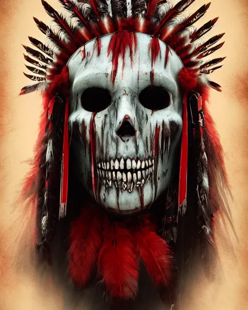 Image similar to the ghost - spirit of the grim - warpaint wears the scarlet skull armor and native blood headdress feathers, midnight fog - mist!, dark oil painting colors, realism, cinematic lighting, various refining methods, micro macro autofocus, ultra definition, award winning photo