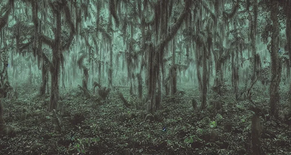 Prompt: A dense and dark enchanted forest with a swamp, by Khara Inc