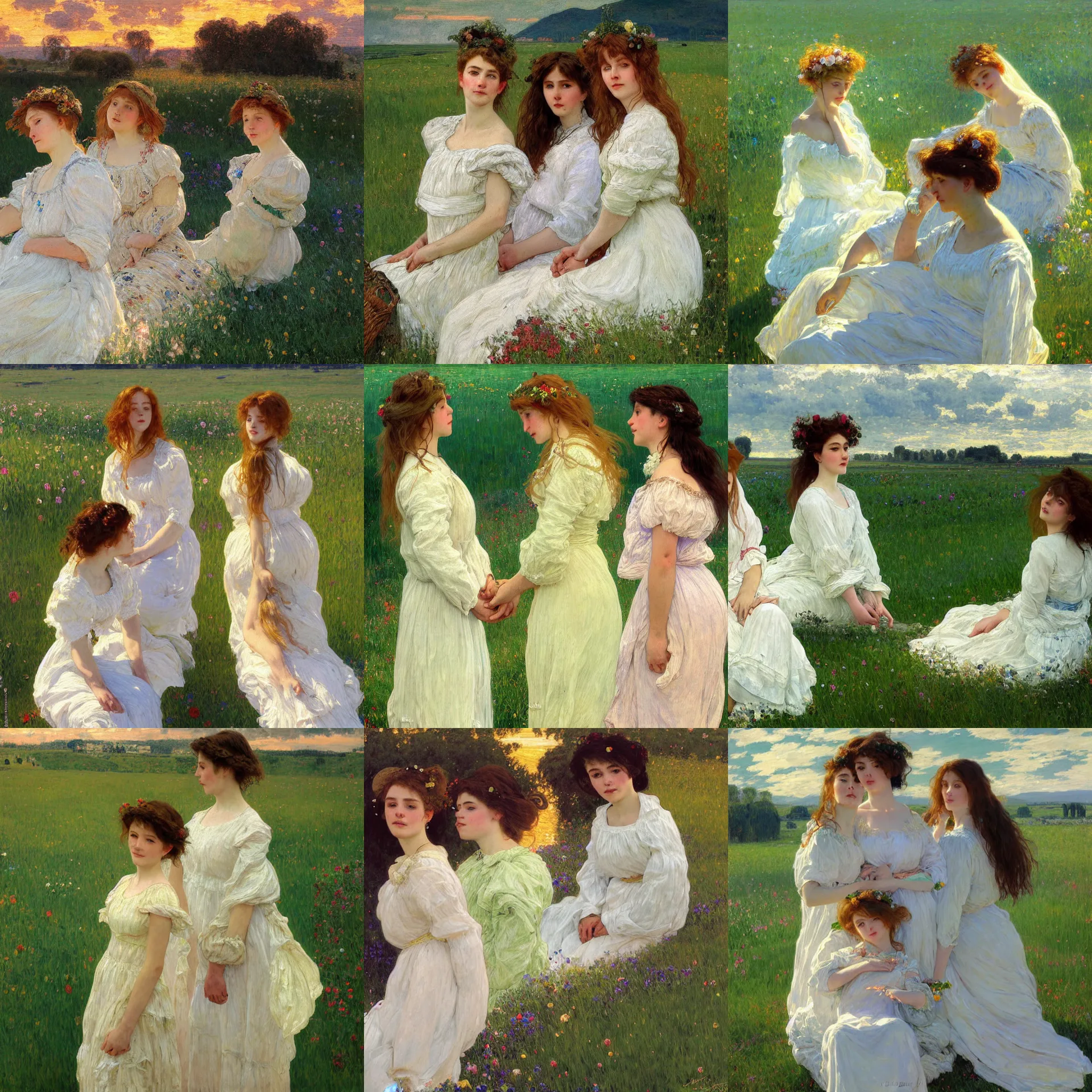 Prompt: three sitting girl in white dresses between clouds above green fields in sunset light, portrait, elegant, intricate, digital painting, artstation, concept art, smooth, sharp focus, illustration, art by ilya repin and gustav klimt and alphonse mucha