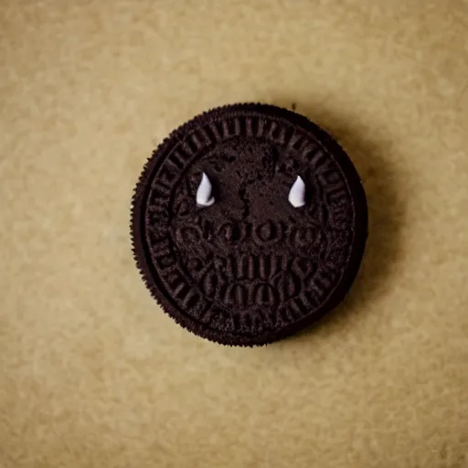 Prompt: an oreo with the imprint of the devils face on the chocolate cookie, photography, cinematic