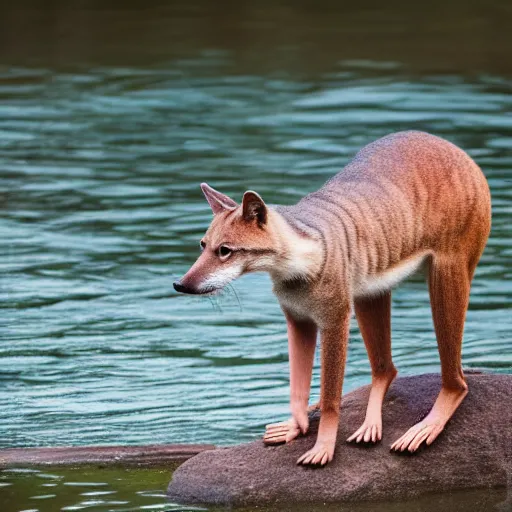 Prompt: close up photo of a rare thylacine, drinking water from a lake in tasmania, bokeh, 1 0 0 mm lens, 4 k. 8 k hd. award winning nature photography. cover of national geographic