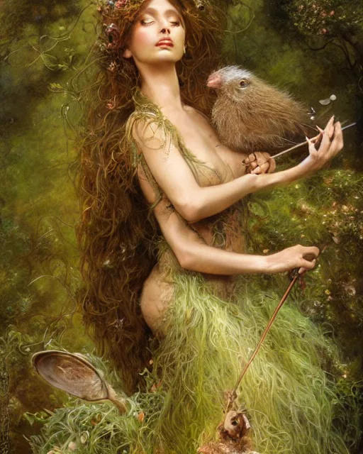 Image similar to dryad musician, portrait, with a feathered mouse friend, studio lighting by jessica rossier and brian froud and gaston bussiere