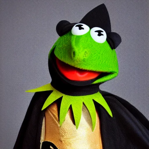 Prompt: Kermit thr frog dressed as batman. Photo realistic 8k