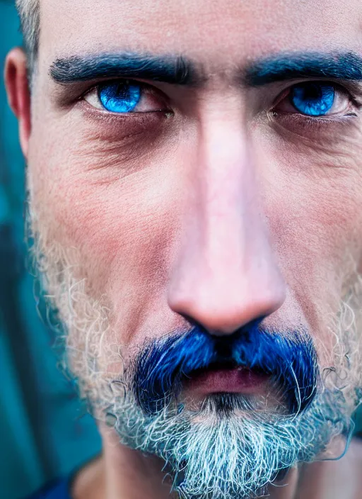 Image similar to fish eye lens close up photograph of a man with blue skin and a goatee side eyeing the camera with a sympathetic look