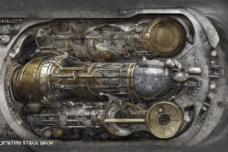 Prompt: steampowered spaceship in space. Brass pipes and weathered metal. Dials and steam, water tanks. Ultradetailed concept by giger