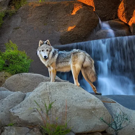 Prompt: A wolf deep in meditation near a zen waterfall at sunset