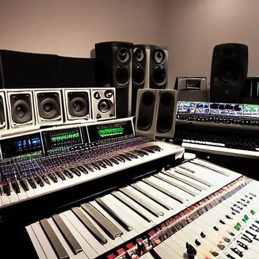Prompt: music studio full of electronic equipment
