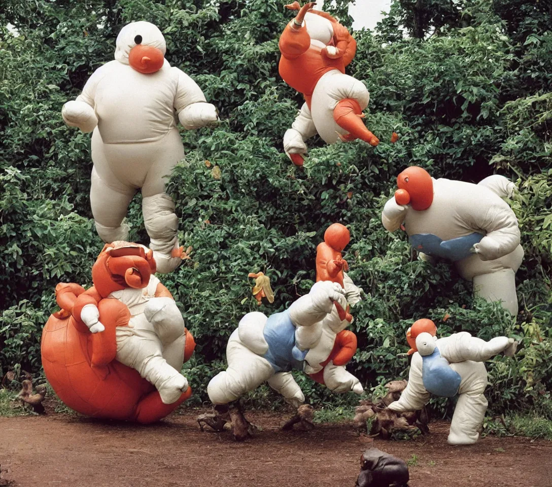 Image similar to a 3 5 mm photography, kodachrome colour, of grandpa fighting with white michelin man costume, riding a hippo, strange creatures and alien plants around, photos taken by martin parr