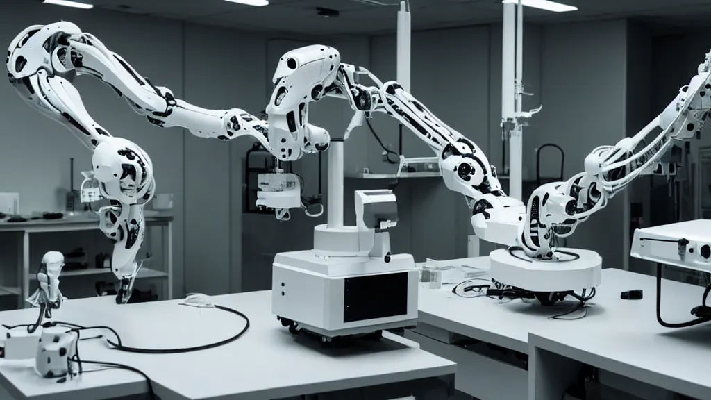 Image similar to a complex bifurcated robotic cnc surgical arm hybrid mri 3 d printer machine making black and white ceramic mutant forms in the laboratory inspection room, film still from the movie directed by denis villeneuve with art direction by salvador dali, wide lens