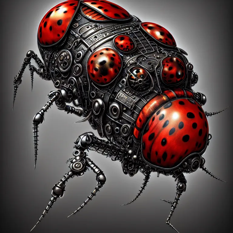 Prompt: steampunk cybernetic biomechanical ladybug, very coherent symmetrical artwork, 3 d model, unreal engine realistic render, 8 k, micro detail, intricate, elegant, highly detailed, centered, digital painting, artstation, smooth, sharp focus, illustration, artgerm, tomasz alen kopera, wlop