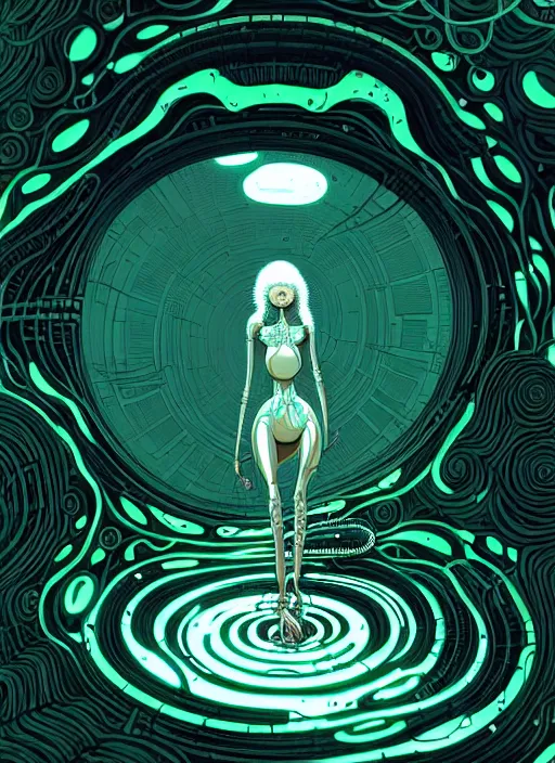 Prompt: highly detailed portrait of a biopunk long curly white hair tribal lady, stray wiring by atey ghailan, james gilleard, by joe fenton, by greg rutkowski, by greg tocchini, by kaethe butcher, 4 k resolution, gradient green, black and white color scheme!!! ( ( irradiated robotic spiral whirlwind background ) )