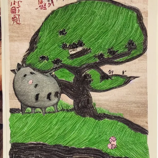 Prompt: pig on a hill next to a tree, style from aoshima chiho