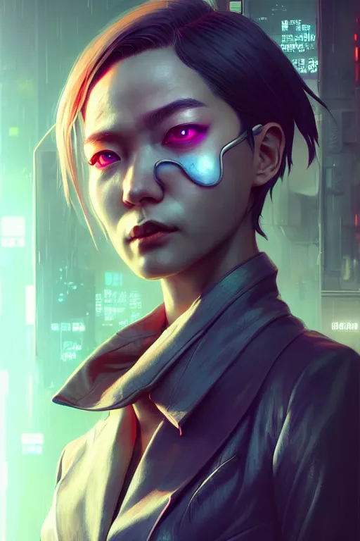 Image similar to hyperdetailed close portrait of a woman in a worn out suit in a cyberpunk city inspired by ross tran and wlop and masamune shirow and kuvshinov, concept art, intricate, photorealistic, octane render, rtx, hdr, unreal engine, dnd digital art by artgerm