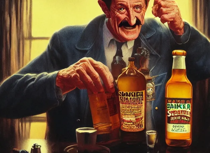 Prompt: barry chuckle drinking a bottle of snake oil, snake oil advertisement from 1 9 8 8, artwork by greg rutkowski and richard corben, 3 d, high resolution 8 k