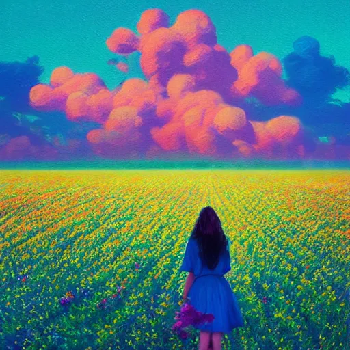 Image similar to large flower face, girl standing in a flower field, surreal photography, sunrise dramatic light, impressionist painting, colorful clouds, digital painting, pointillism, artstation, simon stalenhag