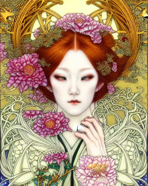 Image similar to beautiful and playful ethereal ginger portrait, art nouveau, fantasy, intricate japanese flower designs, elegant, highly detailed, sharp focus, art by chie yoshii