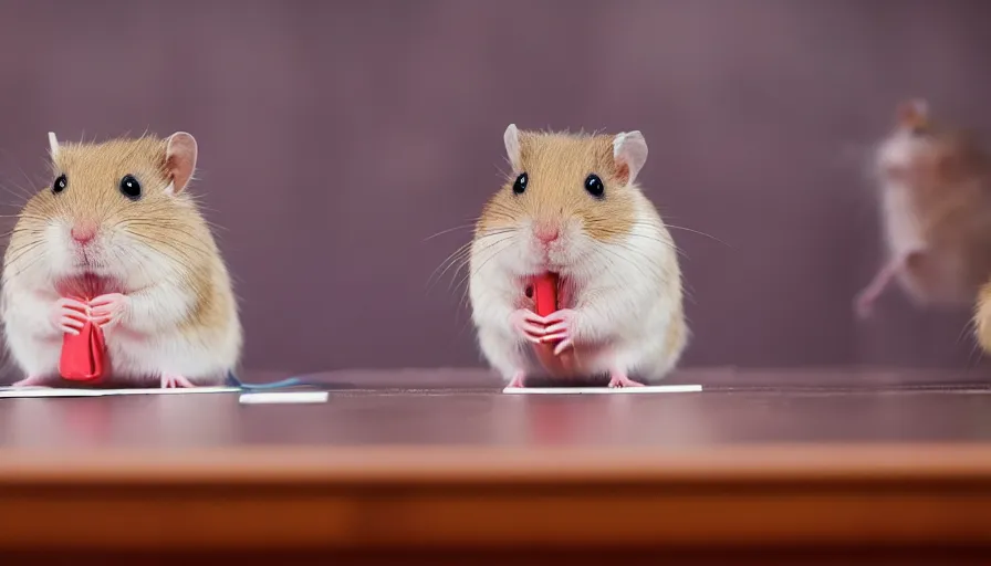 Image similar to Aprofessional photo of a hamster doing speech in front of other graduate hamsters in the hamsters academy, award-winning photo