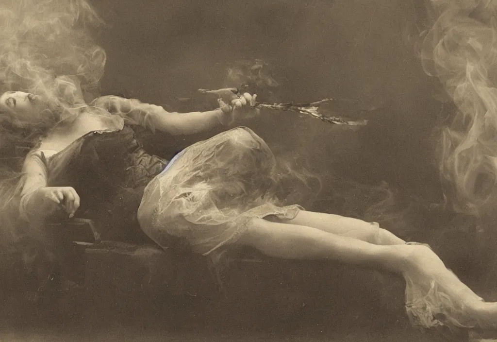 Image similar to A lady lying in smoke