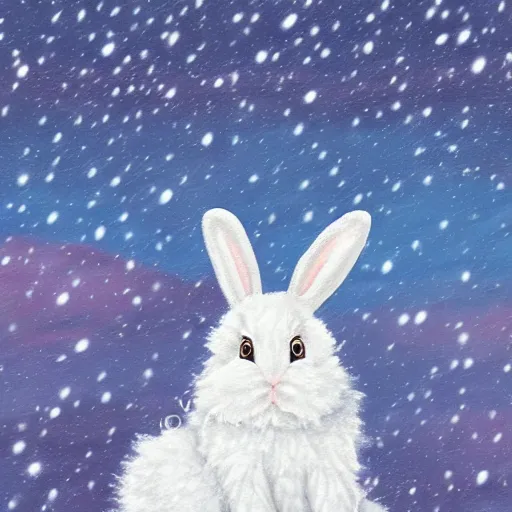 Image similar to cute fluffy white lop eared bunny rabbit sitting in snowy winter landscape detailed painting 4k