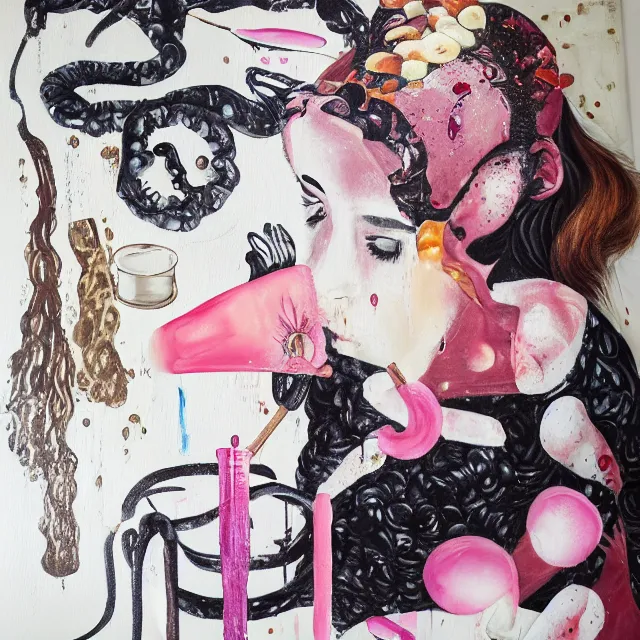 Image similar to sensual, a portrait in a female art student's bedroom, black walls, a woman drinking iced latte, pancakes, honey dripping, berries dripping, chocolate, surgical supplies, ikebana, octopus, neo - expressionism, surrealism, acrylic and spray paint and oilstick on canvas