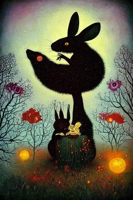 Prompt: surreal, black rabbits, nostalgia for a fairytale, magic realism, flowerpunk, mysterious, vivid colors, by andy kehoe