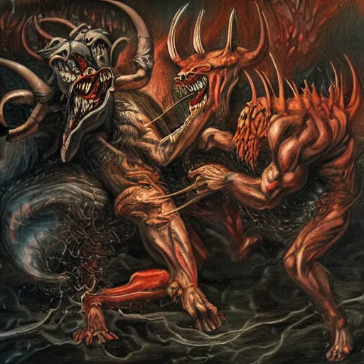 Image similar to realistc detailed painting two demons fighting each other in hell, dark style