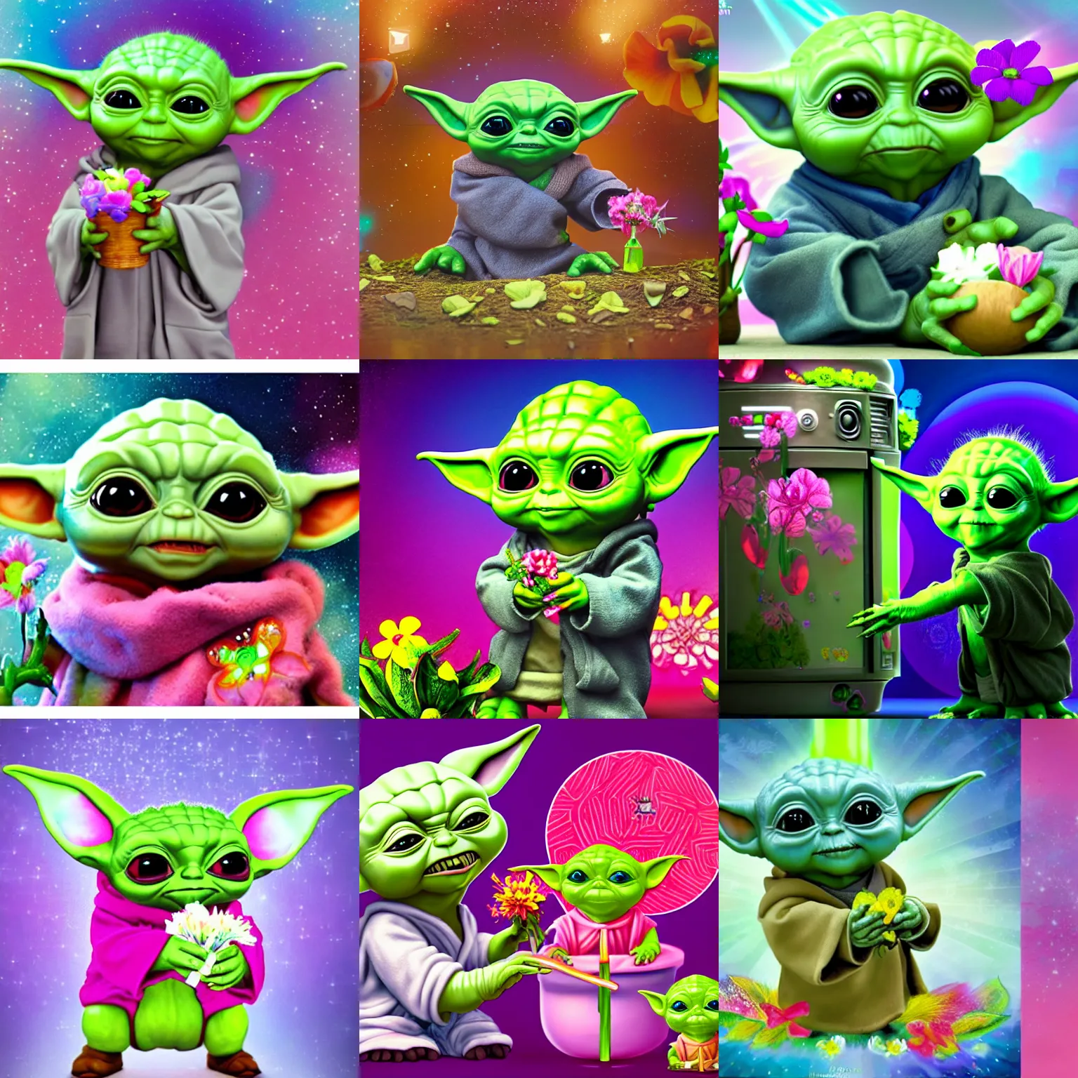 Prompt: cute starwars baby yoda named grogu offering flowers illustrated by lisa frank, hyperdetailed octane render scene from a tv show 55mm:5, cute:2, yoda:-1