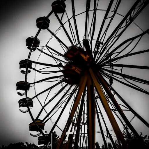 Image similar to an old abandoned rusty ferris wheel, in a town filled with pale yellow mist. Dystopian. Award-winning photo. Sigma 40mm f/1.4 DG HSM