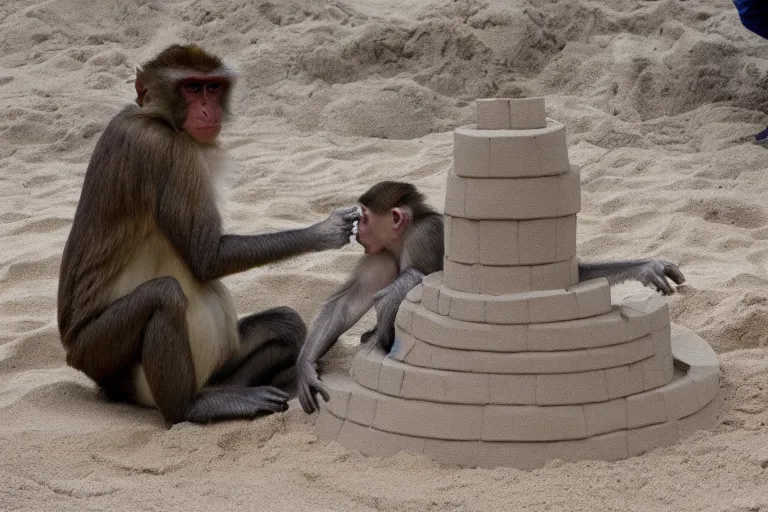 Image similar to a monkey touching a completed sand castle