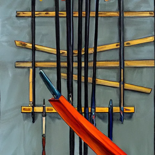 Image similar to painting of a longbow by itself on a weapons rack