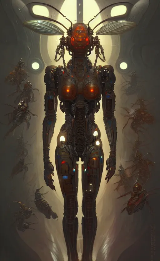 Image similar to cyborg insect deity, sci-fi, highly detailed, digital painting, artstation, concept art, smooth, sharp focus, illustration, art by artgerm and greg rutkowski and alphonse mucha