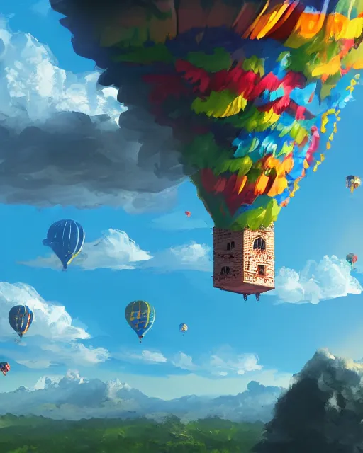 Image similar to flying cloud castle, buildings, baloons, machines, bright, blue sky, mountains, colorful, cinematic lighting, fantasy, high detail, airborne kingdom, illustration, masterpiece, artstation, 4 k, art by wylie beckert